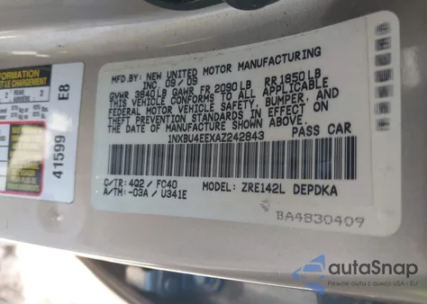 2010 Toyota Corolla Le из США, поврежденный, VIN 1NXBU4EEXAZ242843